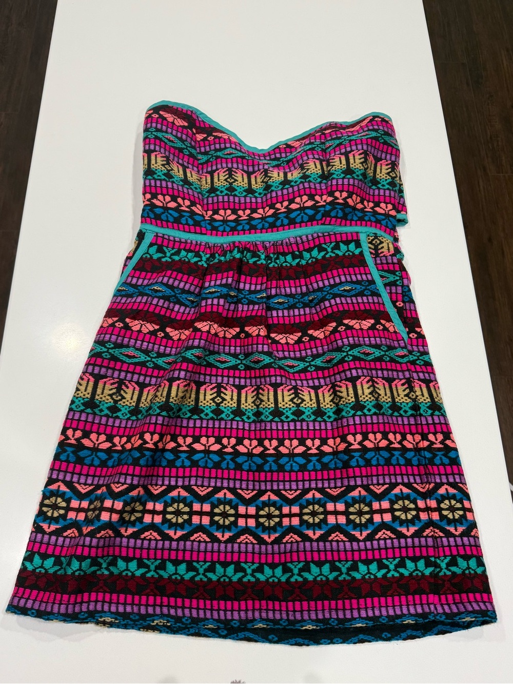 Judith March Multicolor Geometric Strapless Dress W/ Pockets Tie Back sweetheart